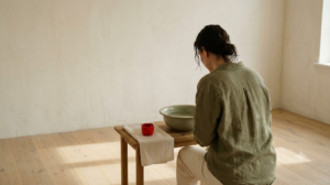 A person lowering their face towards a bowl of cold water in soft natural light.