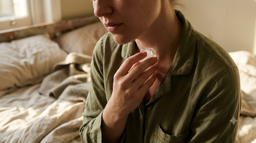 Cropped at the chin, a person holds an ice cube against the base of their throat in low morning sun.