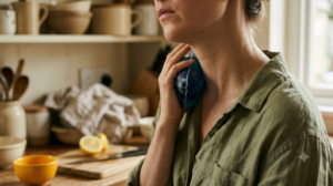 A person at a wooden kitchen counter holding an ice pack against the side of their neck, cropped at the chin.
