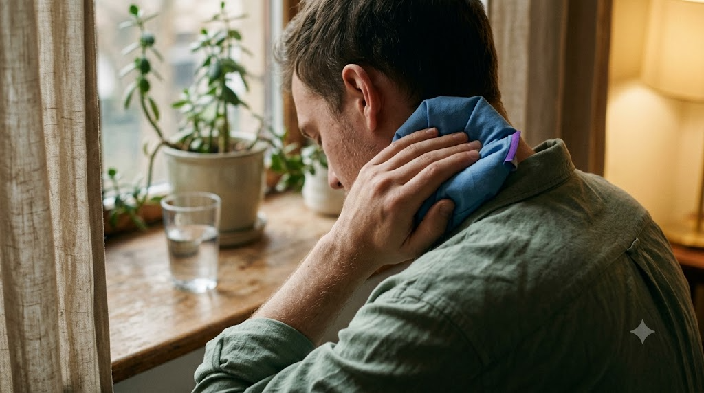 A person holding an ice pack against the side of their neck at a windowsill in warm lamplight.