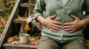 A close, warm photograph of a person sitting on a low step following a guided breathing practice with both hands resting on their lower ribs.