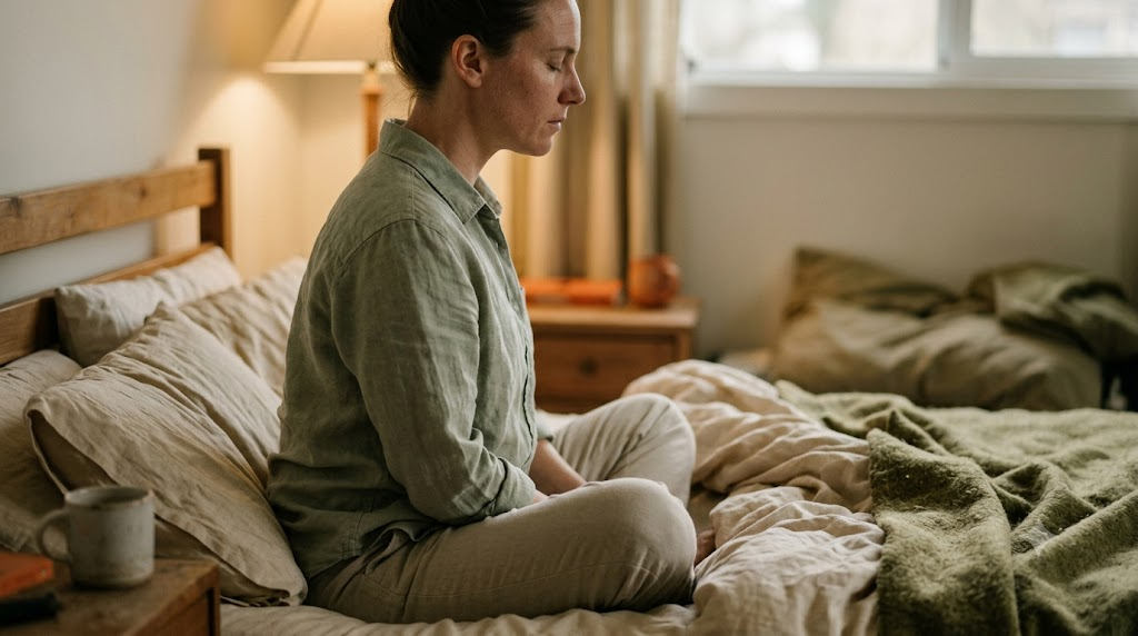 A person sits in profile on rumpled bedding, lengthening their spine on a slow inhale in warm lamplight.