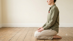 A person kneels upright in profile on a bare wooden floor with hands resting on their knees.
