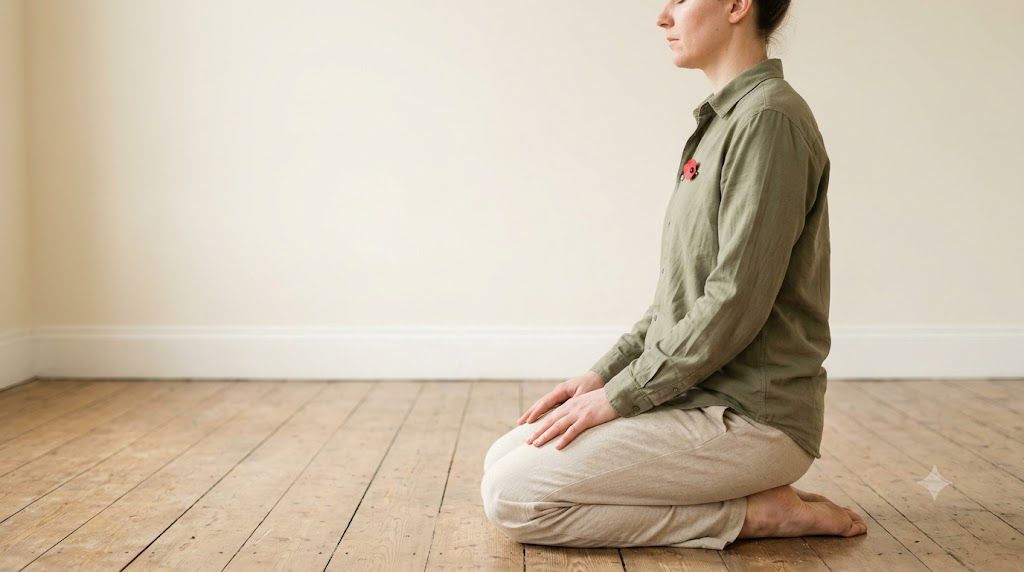 A person kneels upright in profile on a bare wooden floor with hands resting on their knees.