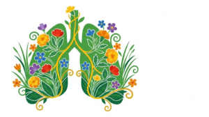 A flat folk-art vector illustration of a pair of human lungs among stylised flowers and curling vines on a white background.
