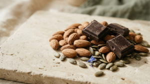 A still life photograph of raw almonds, squares of dark chocolate and pumpkin seeds on a plain surface.
