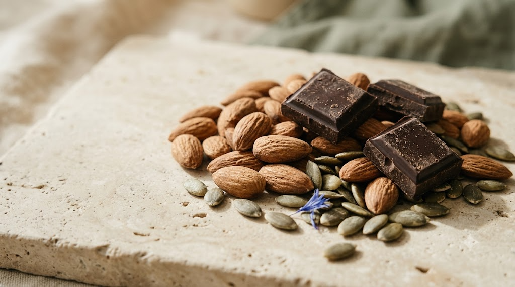 A still life photograph of raw almonds, squares of dark chocolate and pumpkin seeds on a plain surface.