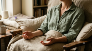 A person meditating in a deep armchair with their hands resting open in their lap in soft window light.
