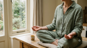 A photograph of a person sitting cross-legged in meditation with hands resting open on their knees, in soft natural light.