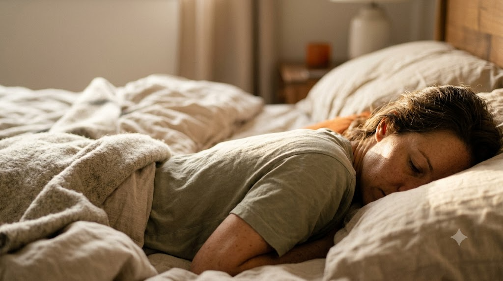 In profile on rumpled bedding, a person lies still and lets their breath settle in warm raking light.