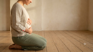 A person kneels in profile on a bare wooden floor with both hands resting on their belly, breathing deeply.