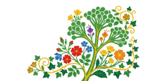 A flat vector folk-art illustration of a cluster of round mould spores on a branching stalk with stylised flowers.