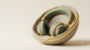 A sculpted matte clay pair of headphones, marked by one bright golden light element.
