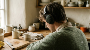 A person at a wooden kitchen counter listening through worn over-ear headphones, head lowered.