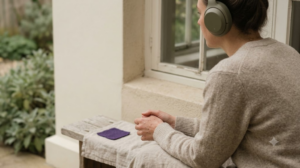 An over-the-shoulder photograph of a person seated on a low outdoor bench listening to music through over-ear headphones.