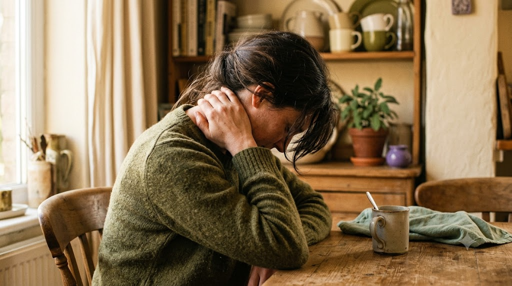 A person kneading the back of their own neck with one hand in a warm room