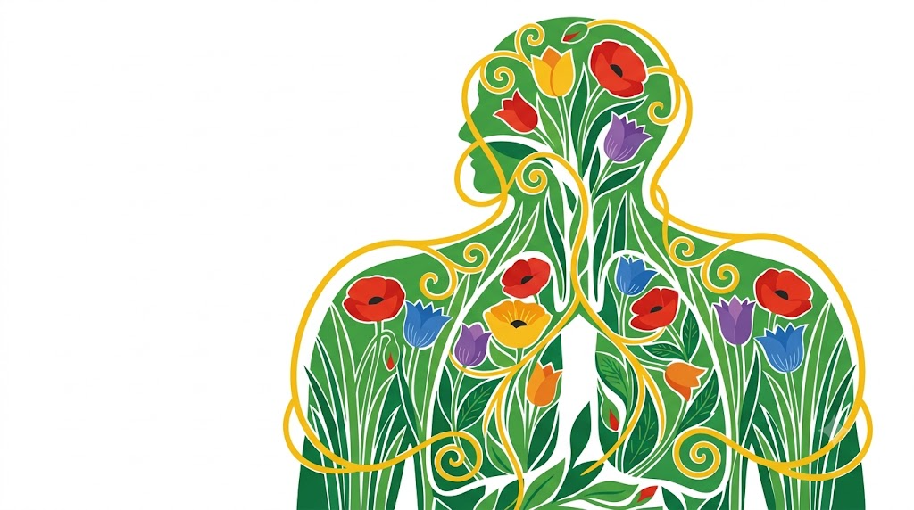Flat vector folk-art illustration of a head and shoulders with the windpipe and lungs shown, surrounded by stylised blooms and foliage on a white background.