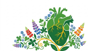 A flat folk-art vector illustration of a human heart surrounded by stylised flowers and curling vines on a white background.