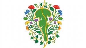 A flat folk-art vector illustration of a human brainstem between mirrored sprays of cornflowers, daisies and ivy.