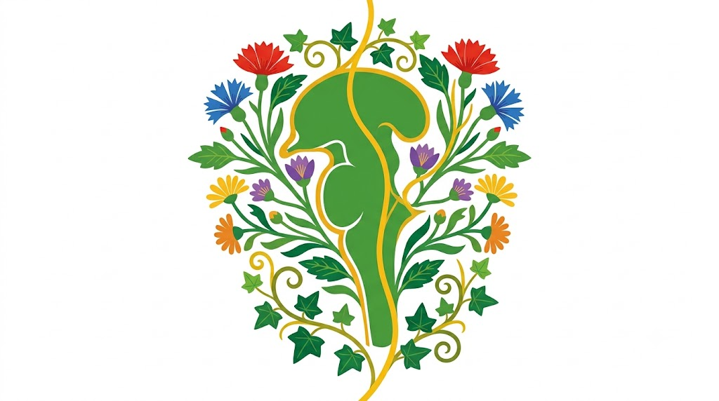 A flat folk-art vector illustration of a human brainstem between mirrored sprays of cornflowers, daisies and ivy.