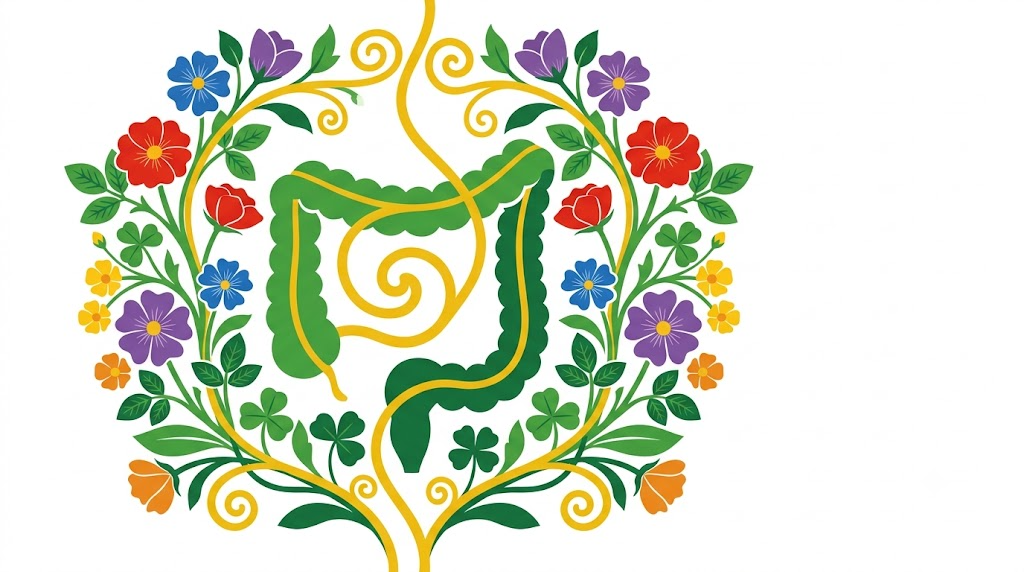 A flat folk-art vector illustration of a human large intestine among stylised flowers and curling vines on a white background.