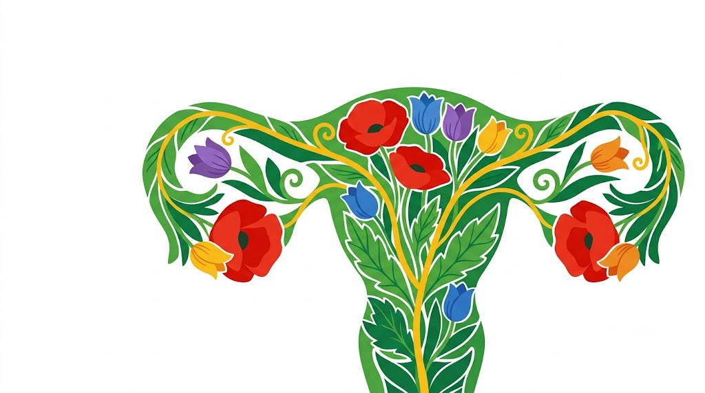 A flat vector folk-art illustration of a human uterus surrounded by stylised flowers and a golden vine on a white background.