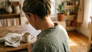Seen from behind at a kitchen table, warm morning light falls across the back of a person’s neck.