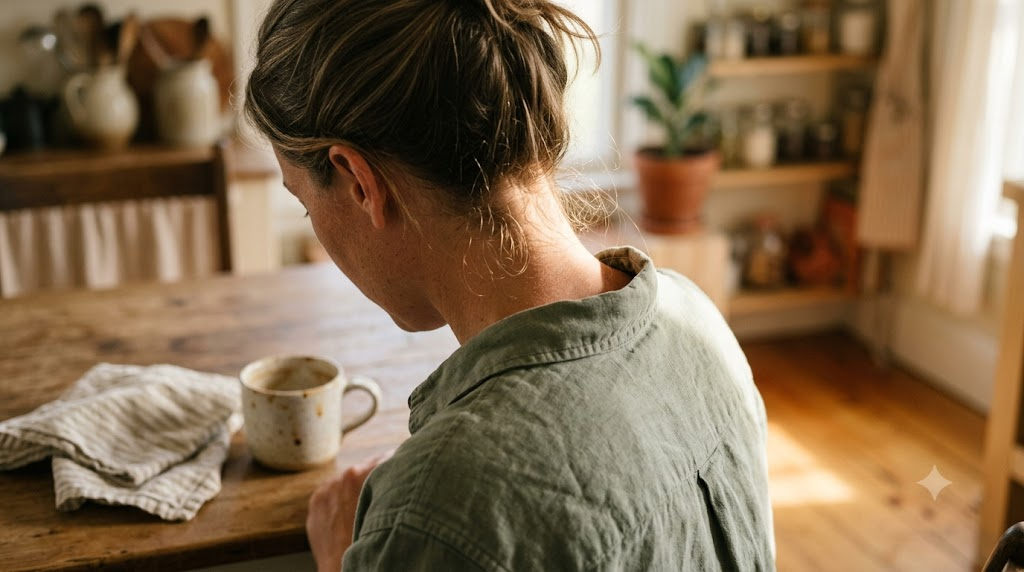 Seen from behind at a kitchen table, warm morning light falls across the back of a person&rsquo;s neck.