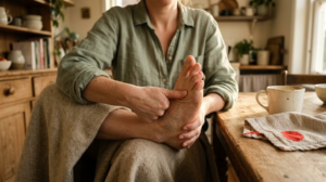 A person presses a thumb into the arch of their bare foot at a kitchen table in warm afternoon light.