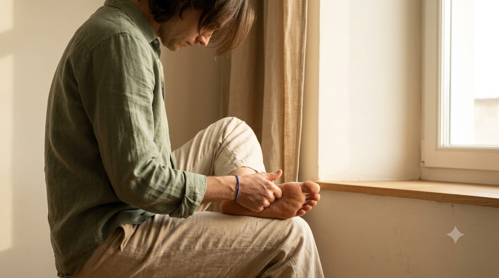 A seated person in olive linen presses a thumb into the sole of their bare foot beside a bright window.