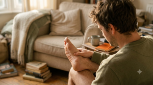 A person on a sofa pressing a thumb into the arch of their bare foot in warm afternoon light.