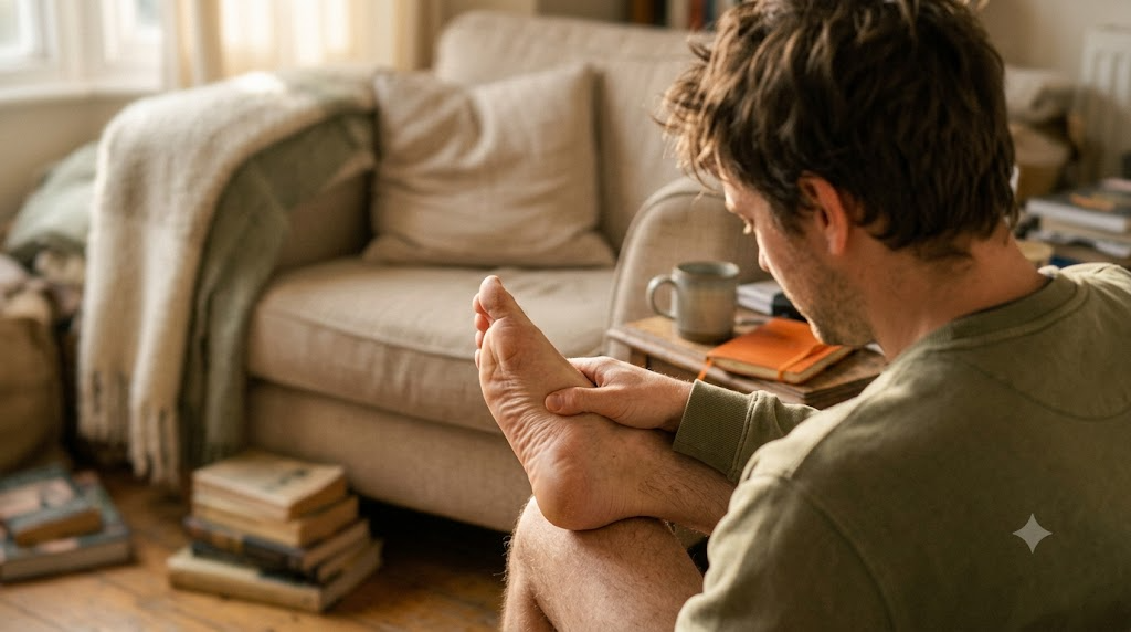 A person on a sofa pressing a thumb into the arch of their bare foot in warm afternoon light.