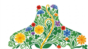 A flat folk-art vector illustration of a human neck framed by stylised flowers and curling vines on white.