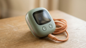 A small rounded sage-green handheld nerve stimulator with a coiled tan cable on a wooden surface