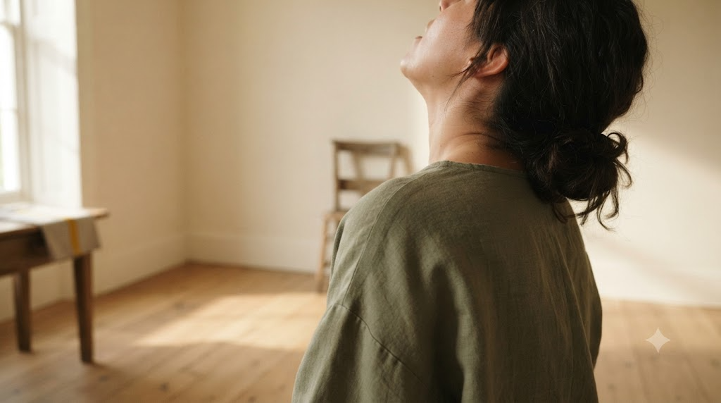 An over the shoulder view of a person singing with their head tilted back in a quiet room in early morning light.