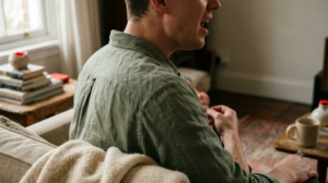 A person on a sofa singing out loud, shot close over the shoulder in soft window light.