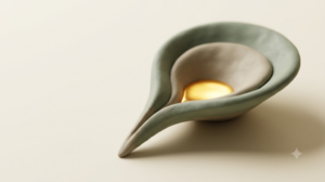 Macro clay pillow shaped like a funnel tapering to a point, cradling a shallow pool of molten golden light.