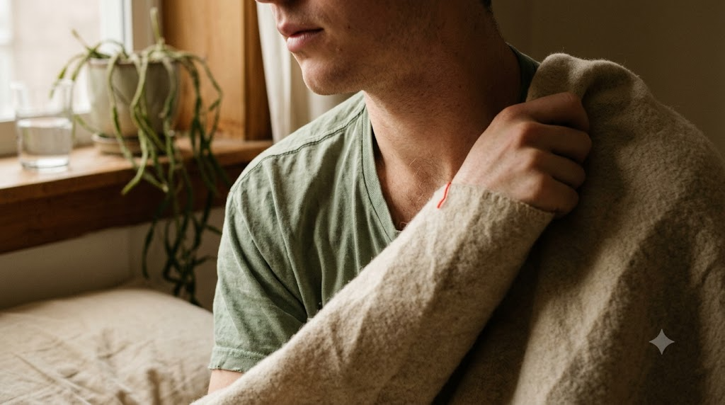 A person turning onto their left side and drawing a blanket up over their shoulder in soft window light.
