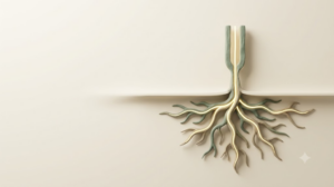 A soft matte clay sculpture of a tuning fork whose stem spreads into a root system beneath a smooth surface, traced by a single bright golden thread on a warm cream background.