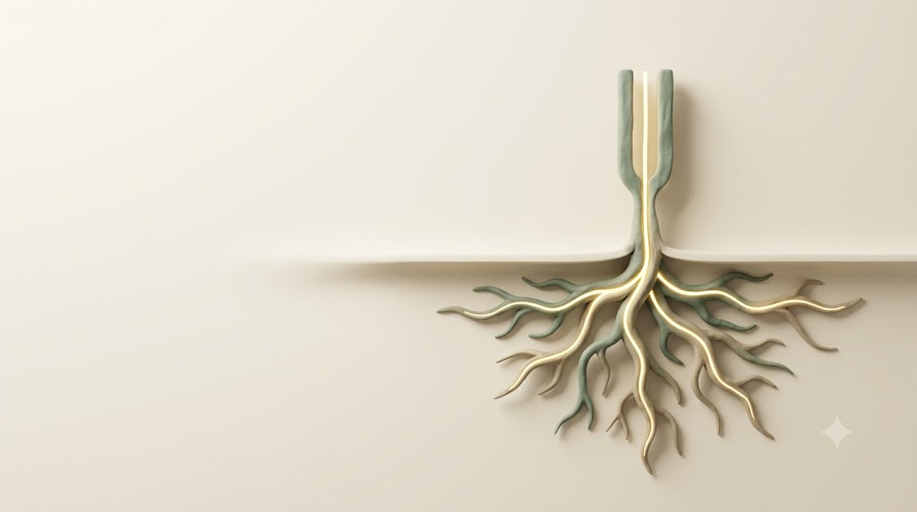 A soft matte clay sculpture of a tuning fork whose stem spreads into a root system beneath a smooth surface, traced by a single bright golden thread on a warm cream background.