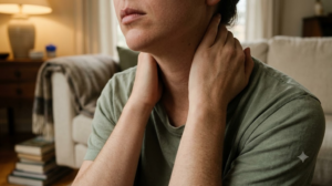 A close view cropped at the chin of a person turning their head slowly to one side with their fingers resting behind their neck in warm lamplight.