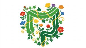 A flat folk-art vector illustration of a human large intestine wrapped in a spiral of stylised flowers and vines on a white background.