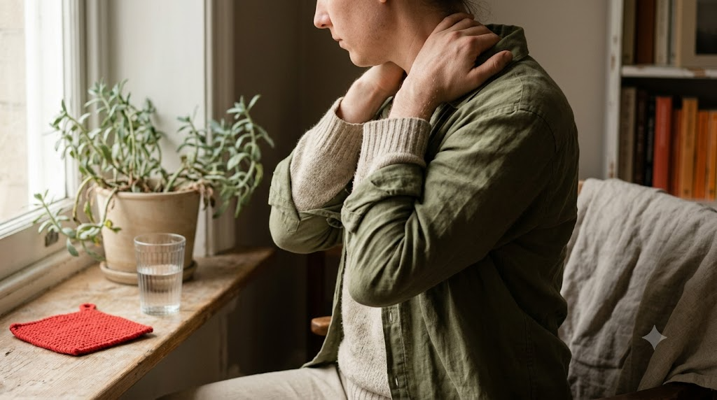 A seated person rolling their shoulders back and lengthening the back of their neck in a warm, lived-in room.