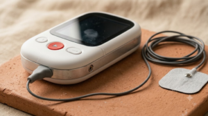 A small pebble-shaped handheld TENS unit with a thin lead wire and one electrode pad on an unglazed clay tile.