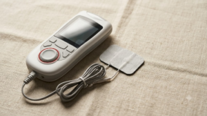 A handheld TENS unit with a dial and lead wires running to two square adhesive pads, resting on a plain linen surface.