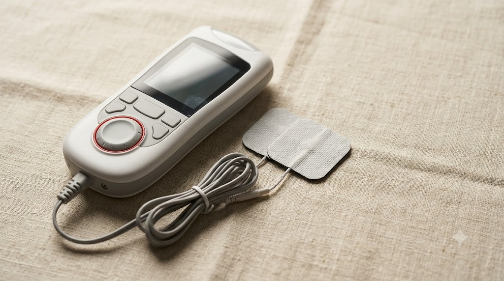 A handheld TENS unit with a dial and lead wires running to two square adhesive pads, resting on a plain linen surface.