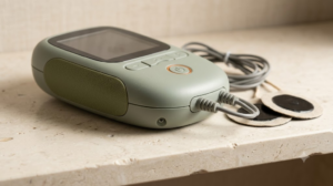 A small sage TENS unit with lead wires and electrode pads on a pale stone shelf.