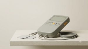 A small unbranded handheld nerve stimulator with lead wires and electrode pads resting on a pale stone shelf.