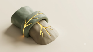 A sculpted matte clay wearable vibrating band on a wrist, marked by one bright golden light element.