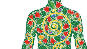 A flat folk-art vector illustration of a human torso filled with bellflowers, asters and a golden spiral vine.